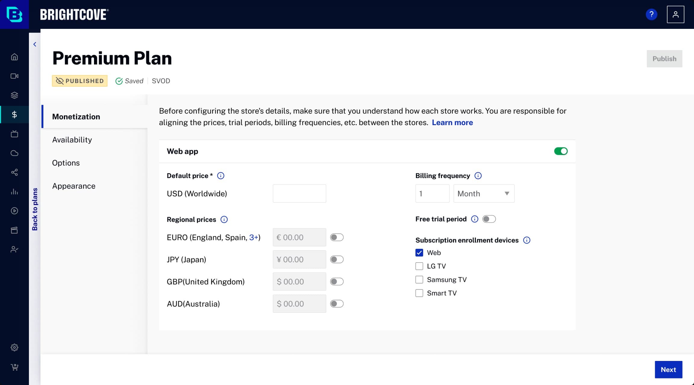 Premium Plan, monetization step: Web app prices, regional prices, billing frequency and enrollment devices, with Next