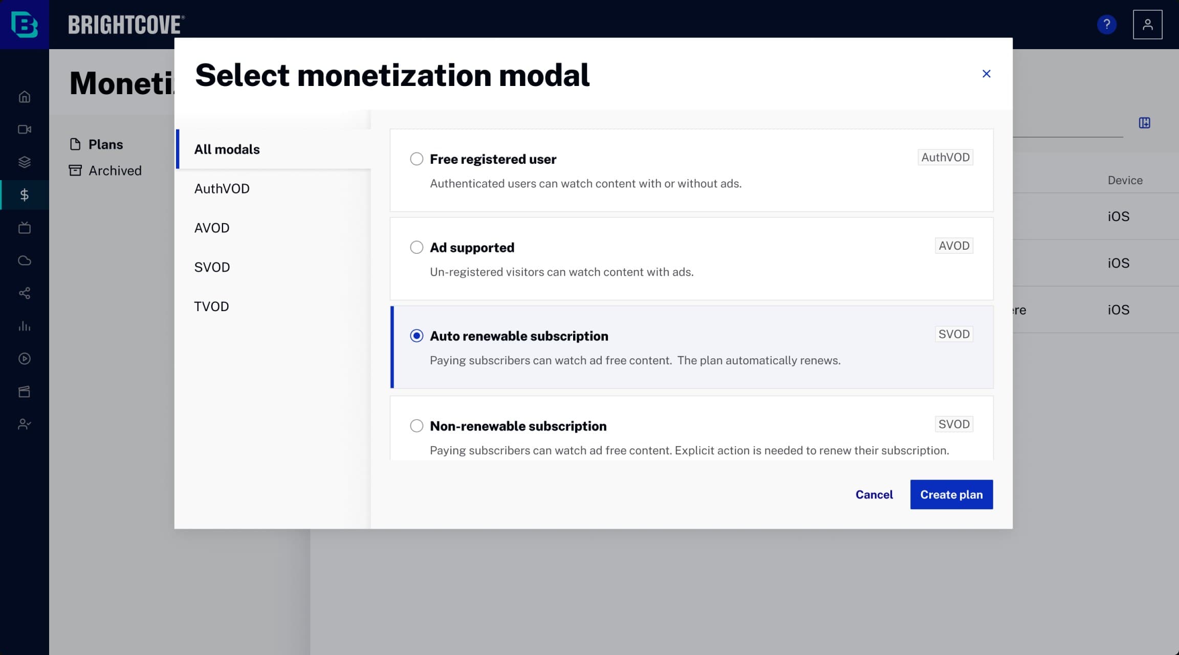 Select monetization model dialog: AuthVOD, AVOD, SVOD and TVOD models, each with a short description