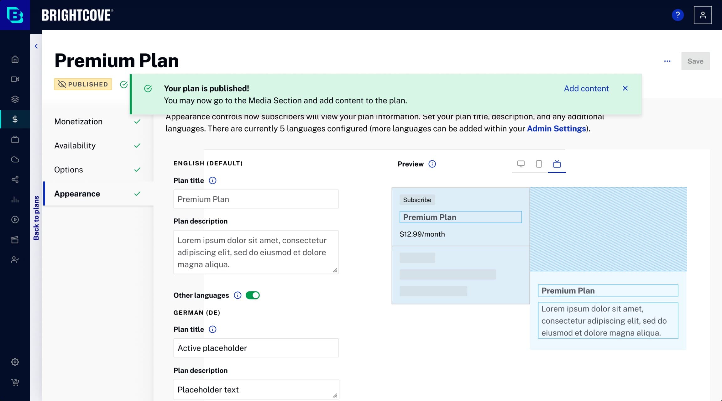Premium Plan, appearance step with every step checked, a plan preview and a notice that the plan is published