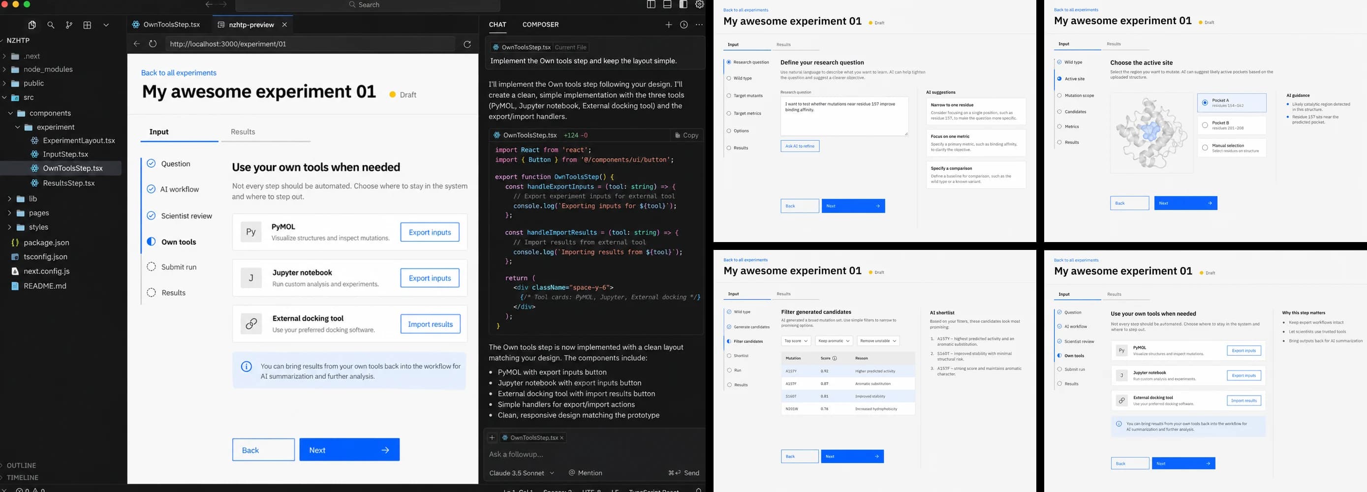 A prototype step built in Cursor, beside four prototype screens: defining the research question, choosing the active site, filtering generated candidates and using your own tools