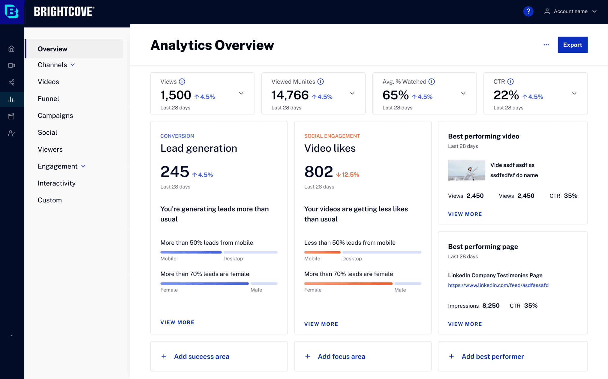 Analytics Overview for a campaign manager: lead generation and video likes up front, with best performing video and page