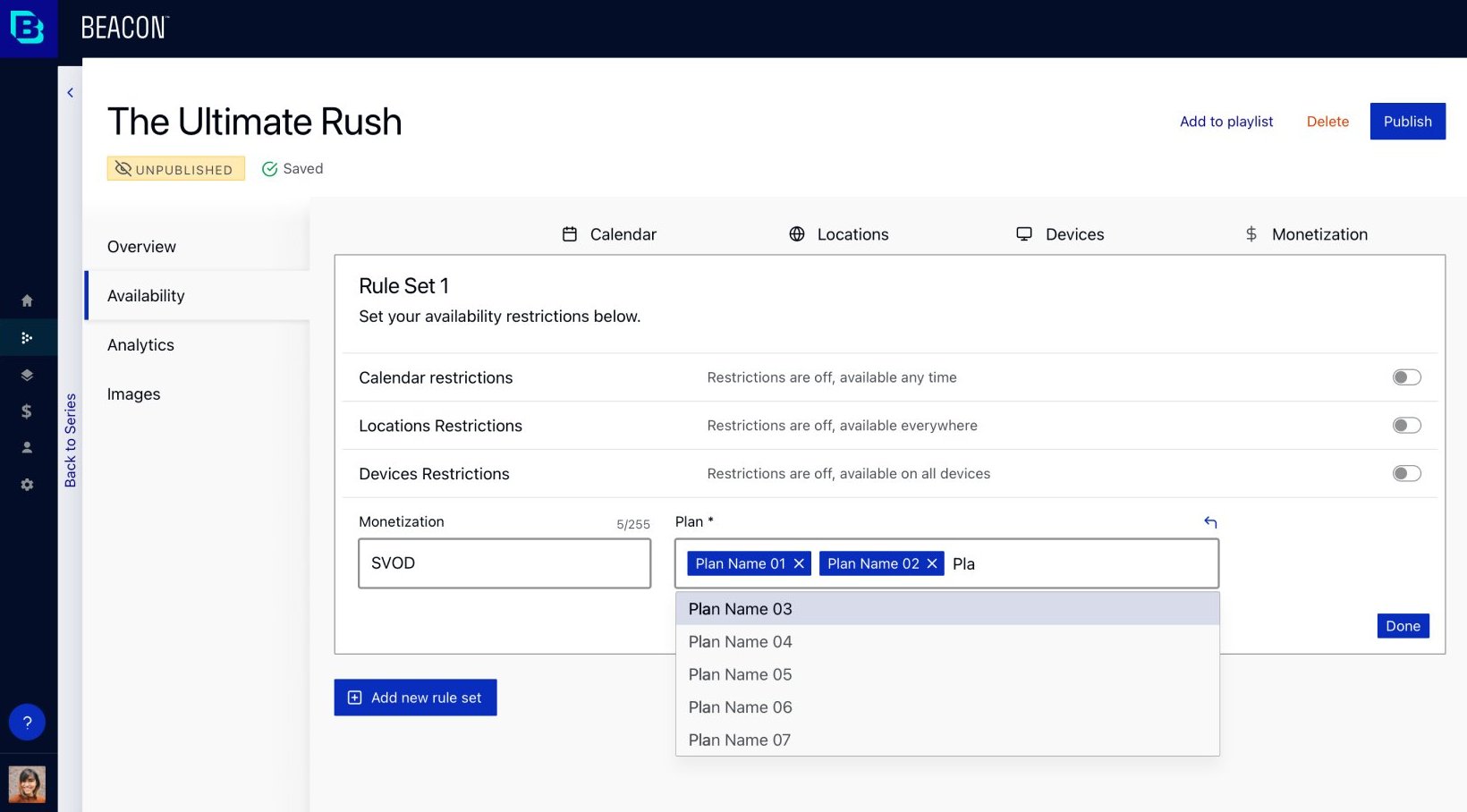 Series availability for “The Ultimate Rush”: rule set with calendar, location and device restrictions and SVOD plan selection