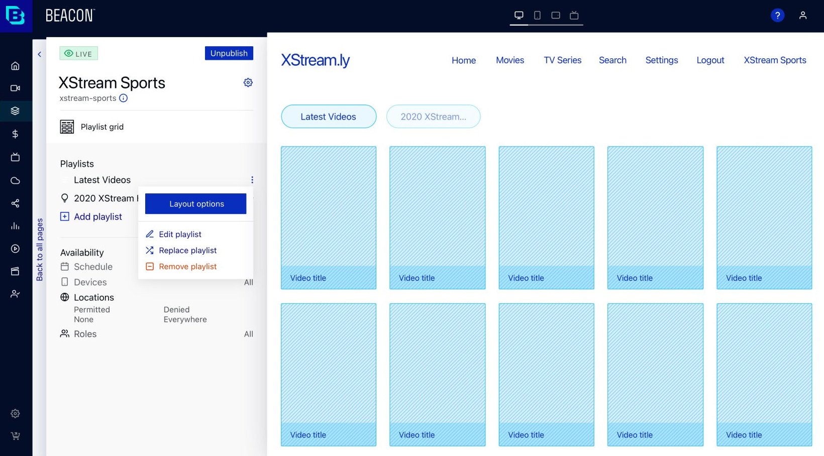 Experience module: building the XStream Sports page from a playlist grid template