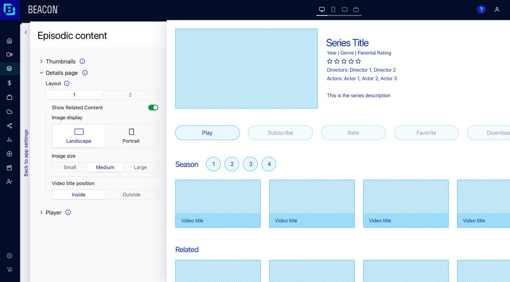 Episodic content page settings: thumbnails, details layout and player options