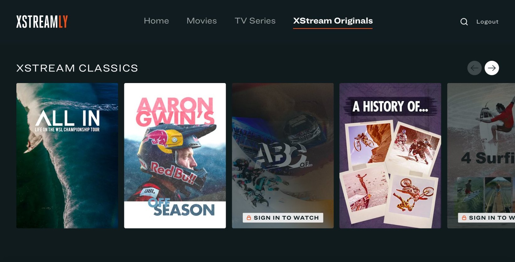 The Xstream.ly viewer app: Xstream Classics row of shows