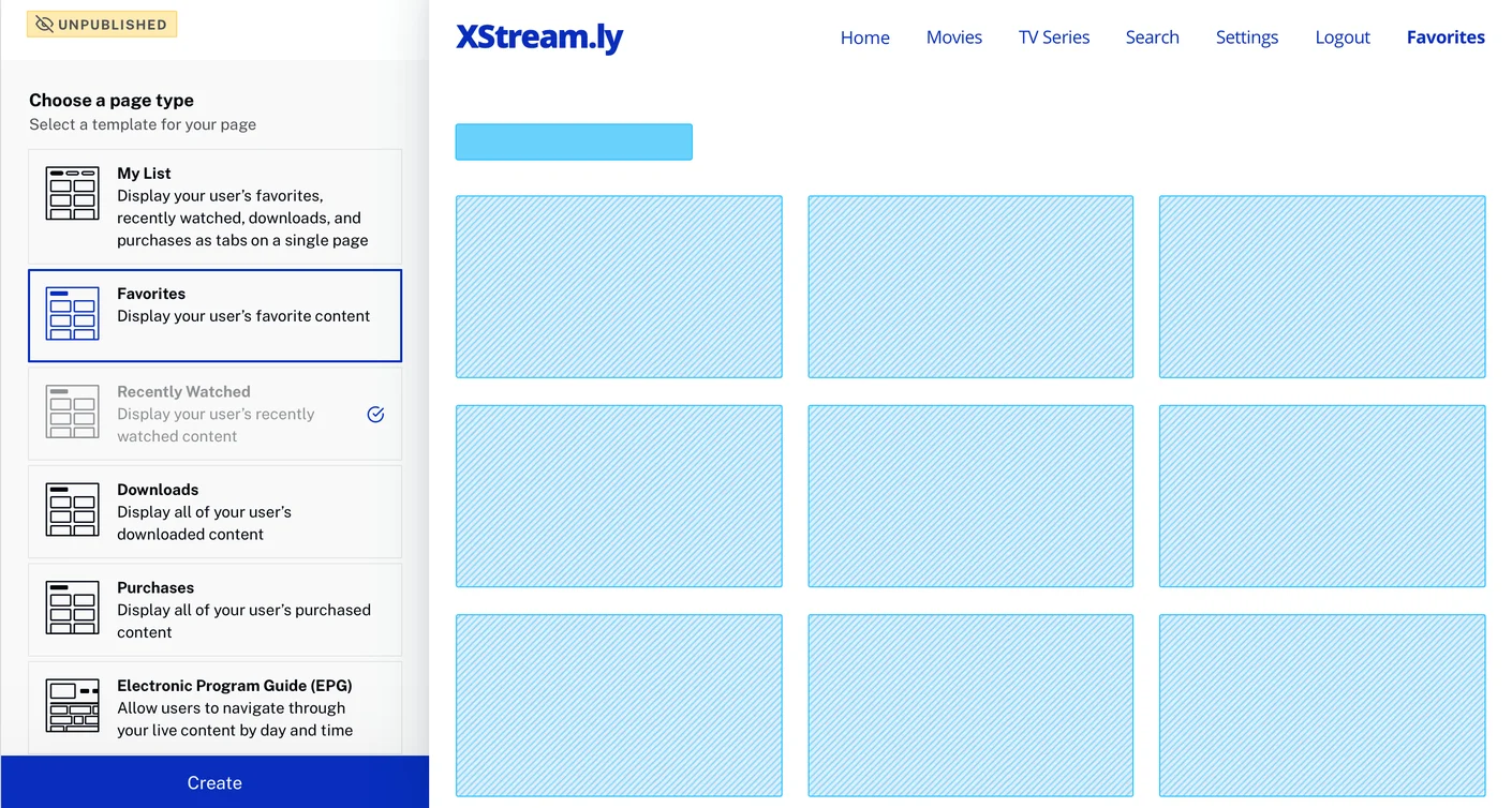 Beacon CMS screens laid out at an angle: the welcome page, a page type editor, series and movie libraries and a monetization modal