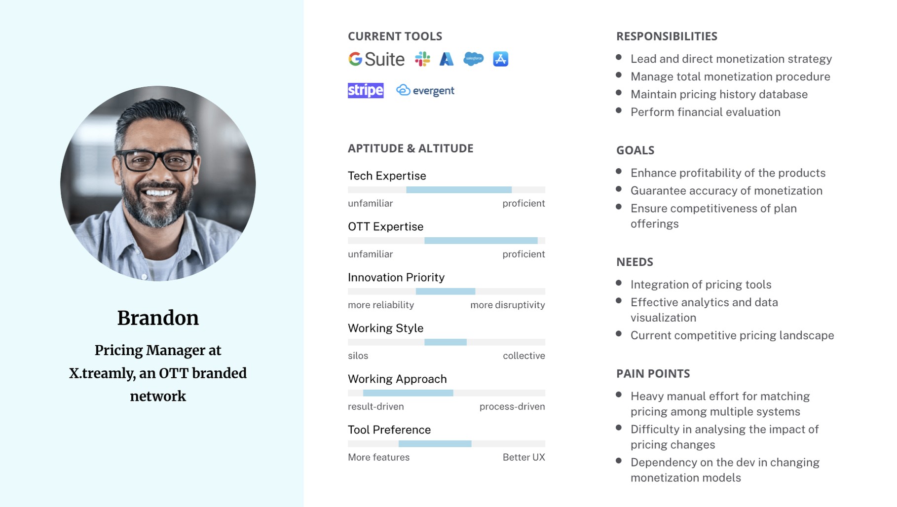 Persona card for Brandon, Pricing Manager at Xstream.ly: current tools, aptitude and altitude, responsibilities, goals, needs and pain points