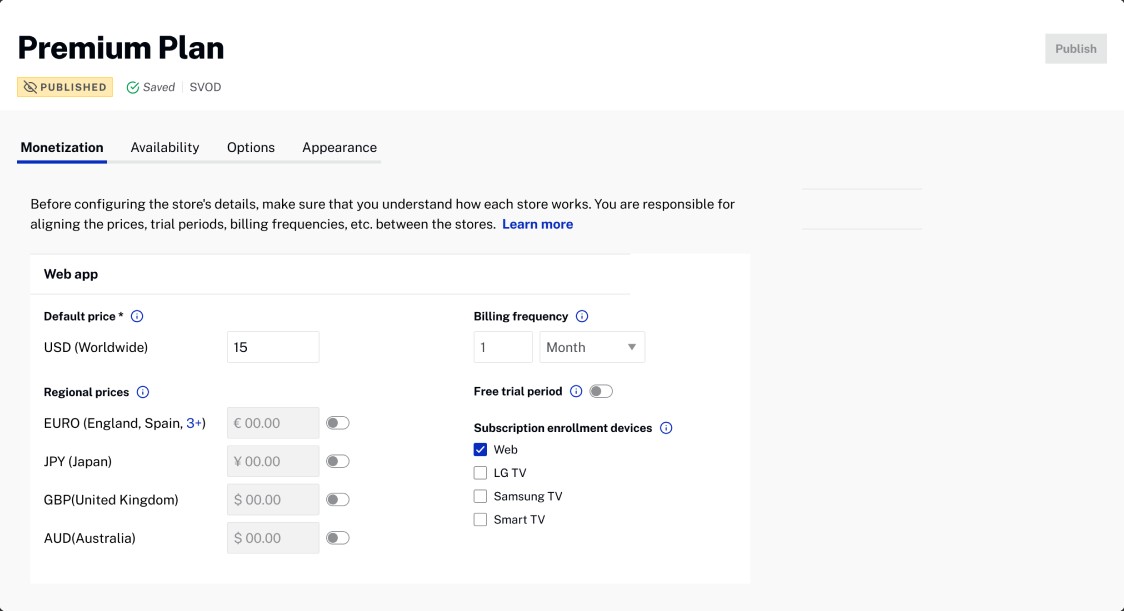 Premium Plan detail with horizontal tabs for monetization, availability, options and appearance