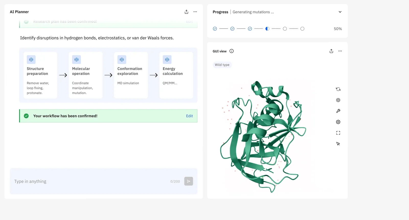 The AI Planner's confirmed four-step workflow beside the progress tracker and the protein in the GUI view
