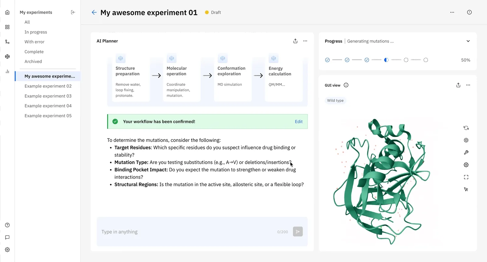 AI Planner with a confirmed four-step workflow and prompts for choosing mutations, beside the wild-type protein in the GUI view