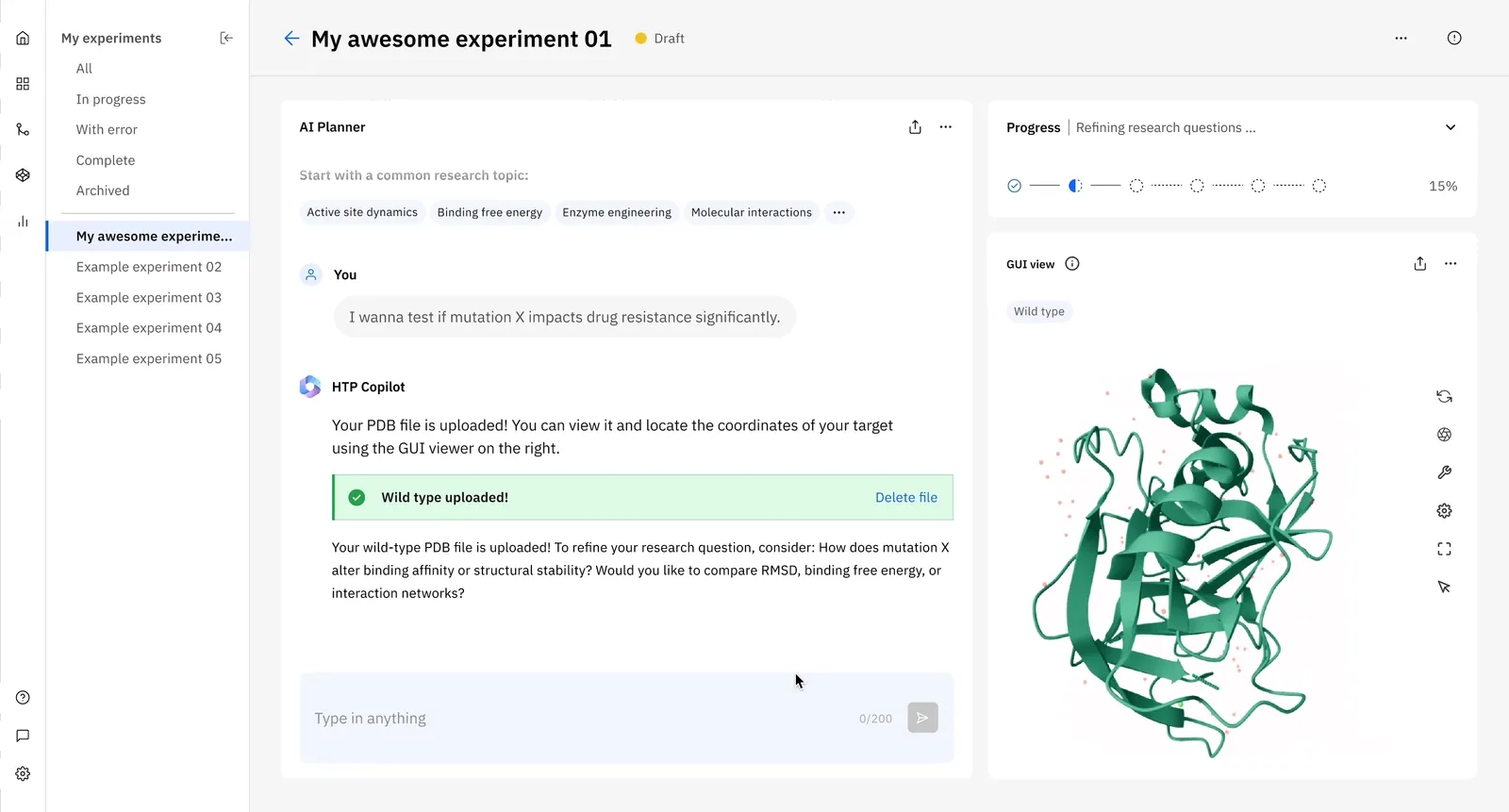 AI Planner: after the wild-type PDB file is uploaded, HTP Copilot suggests how to sharpen the research question, beside the protein in the GUI view