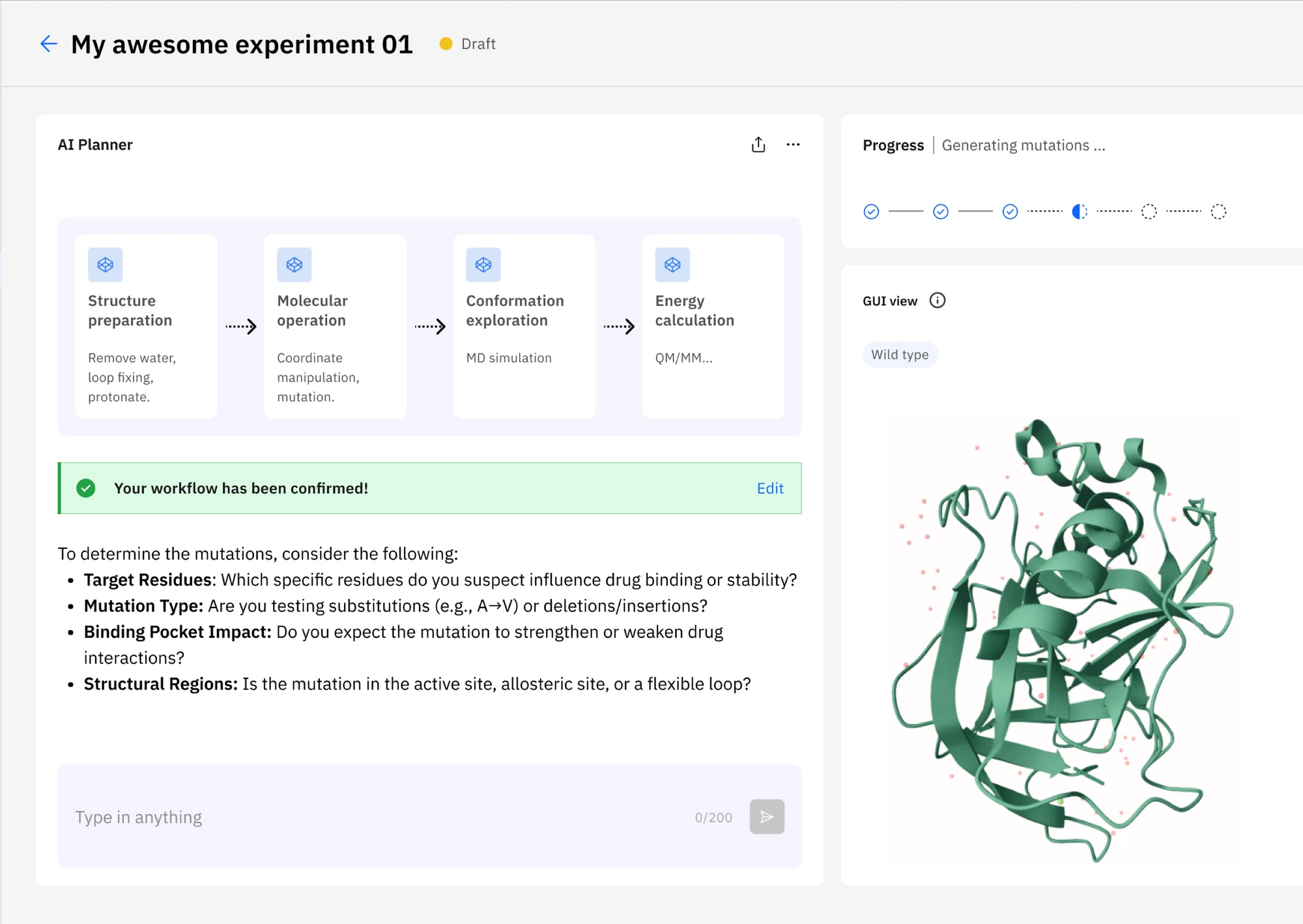 Final design: the AI Planner proposes a four-step workflow the scientist confirms, beside the progress tracker and the protein in the GUI view
