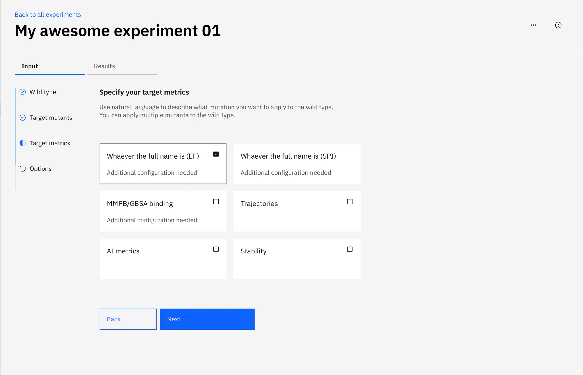 First iteration: a step-by-step form where the scientist picks every target metric by hand