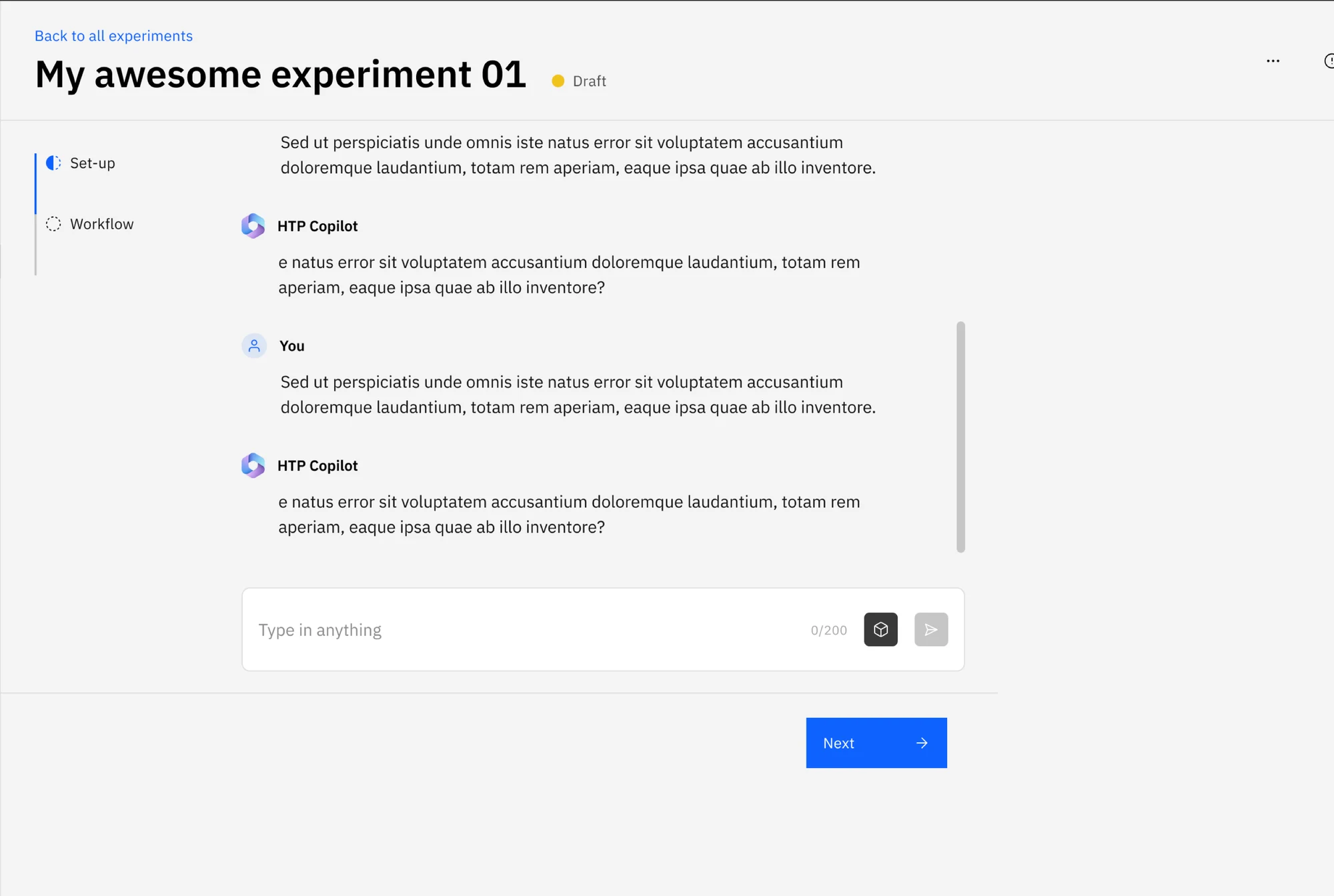 Second iteration: set-up as a conversation with HTP Copilot before the workflow step