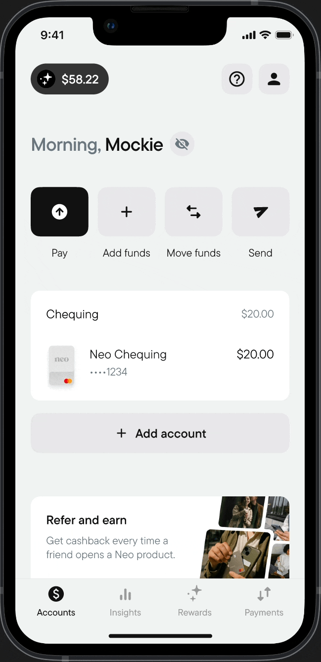 Neo app flow: building credit by using, repaying and growing the advance limit