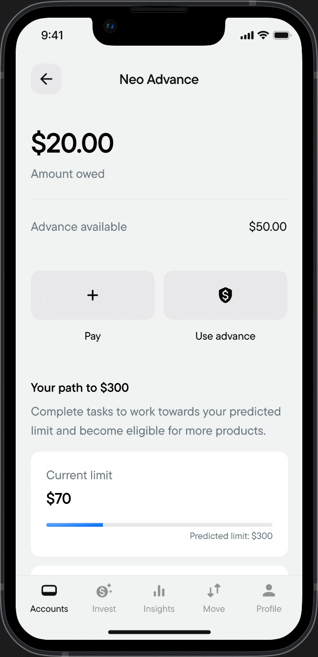 Neo app flow: repaying an advance and choosing a payment option