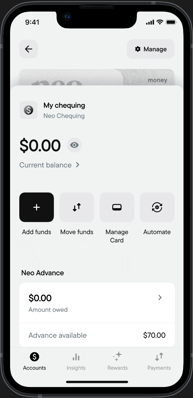 Neo app flow: drawing an advance when the chequing balance runs short