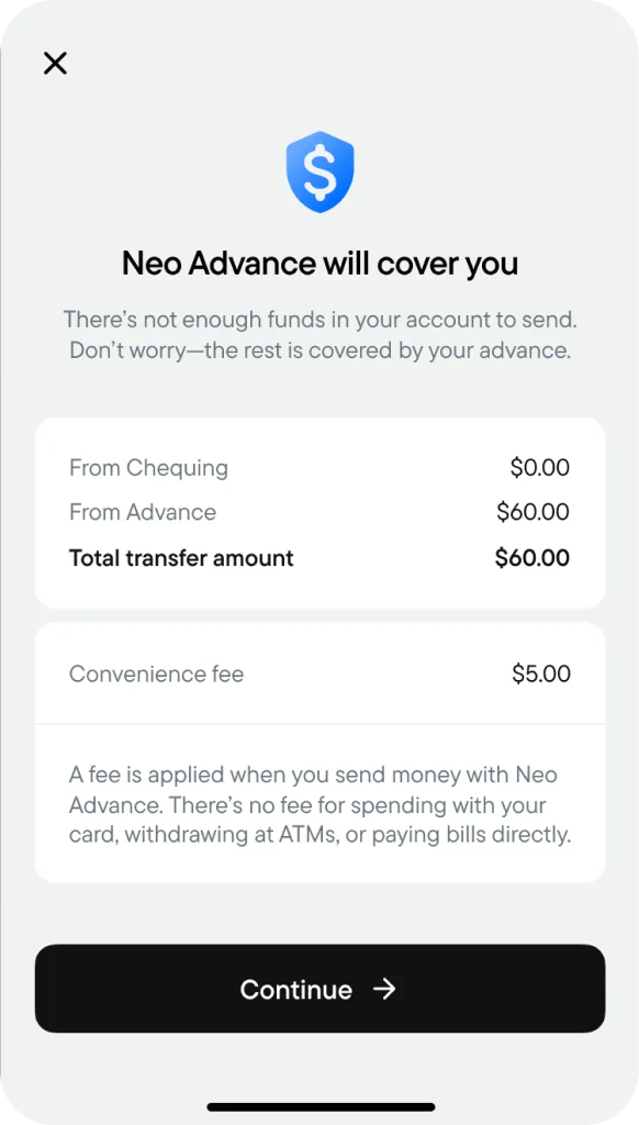 Neo Advance will cover you: the transfer screen
