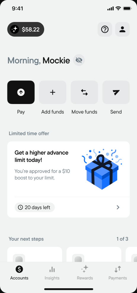 Home screen offering a higher advance limit for a limited time
