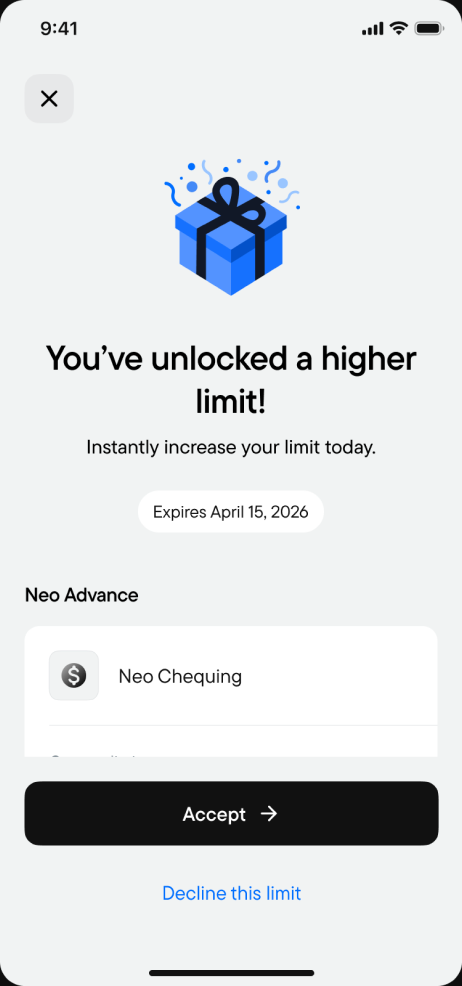 You've unlocked a higher limit, with accept and decline actions