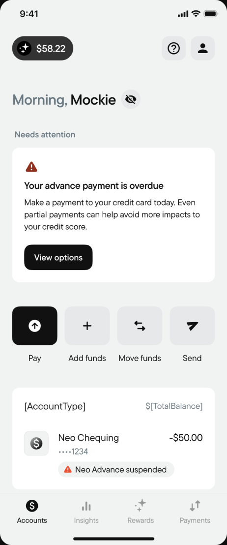 Home screen flagging an overdue advance payment with a view options action
