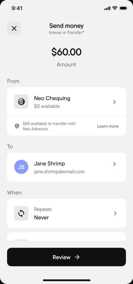Send money screen showing $65 available to transfer with Neo Advance