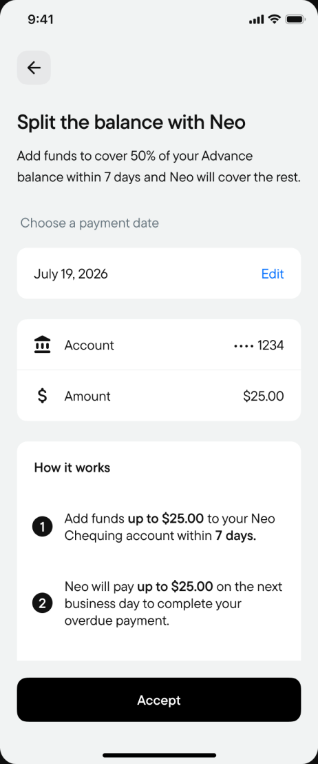 Split the balance with Neo: choose a payment date and amount, and how it works