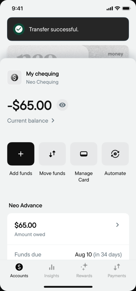 Transfer successful, with the chequing balance and amount owed on Neo Advance