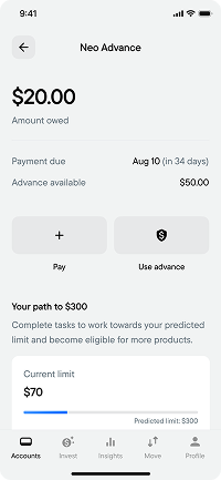 Refined Advance hub with Pay, Use advance, and credit progress