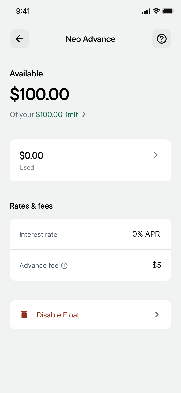 Tested Advance hub showing available credit and rates