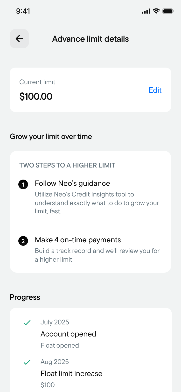 Tested Advance limit details and growth milestones